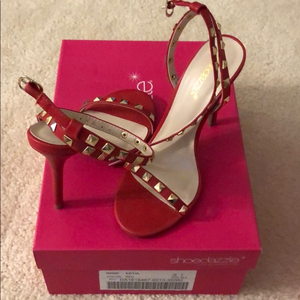 Red studded stiletto strapless heels